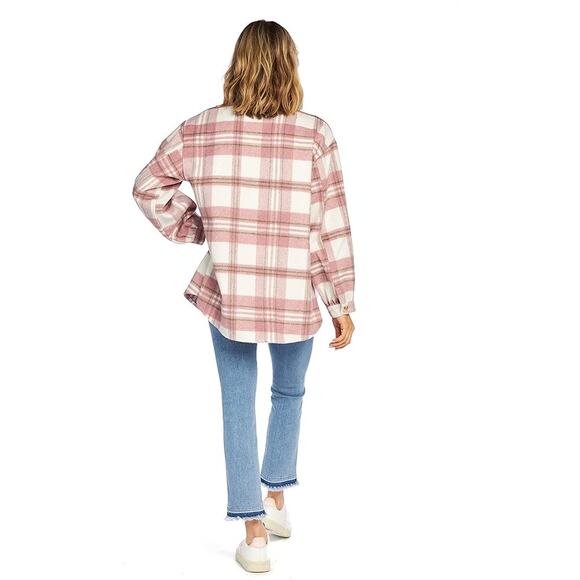 Mud Pie Women’s Medium Highland Plaid Shacket Jacket Button Up Shirt Pink Cream - Picture 4 of 10